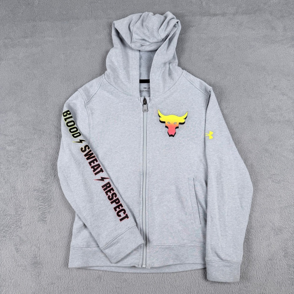 Under Armour Project Rock Boys Gray Full Zip Hoodie Brahma Bull 1361847 YSM